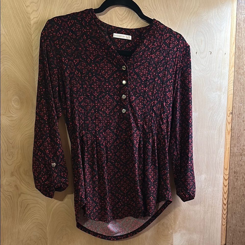 Westport Red and White Buttoned Blouse with Mandarin Collar
